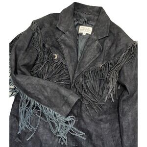 Vtg Pelle Studio Suede Coat Men's L Black Long Fringe Concho Western Cowboy Boho